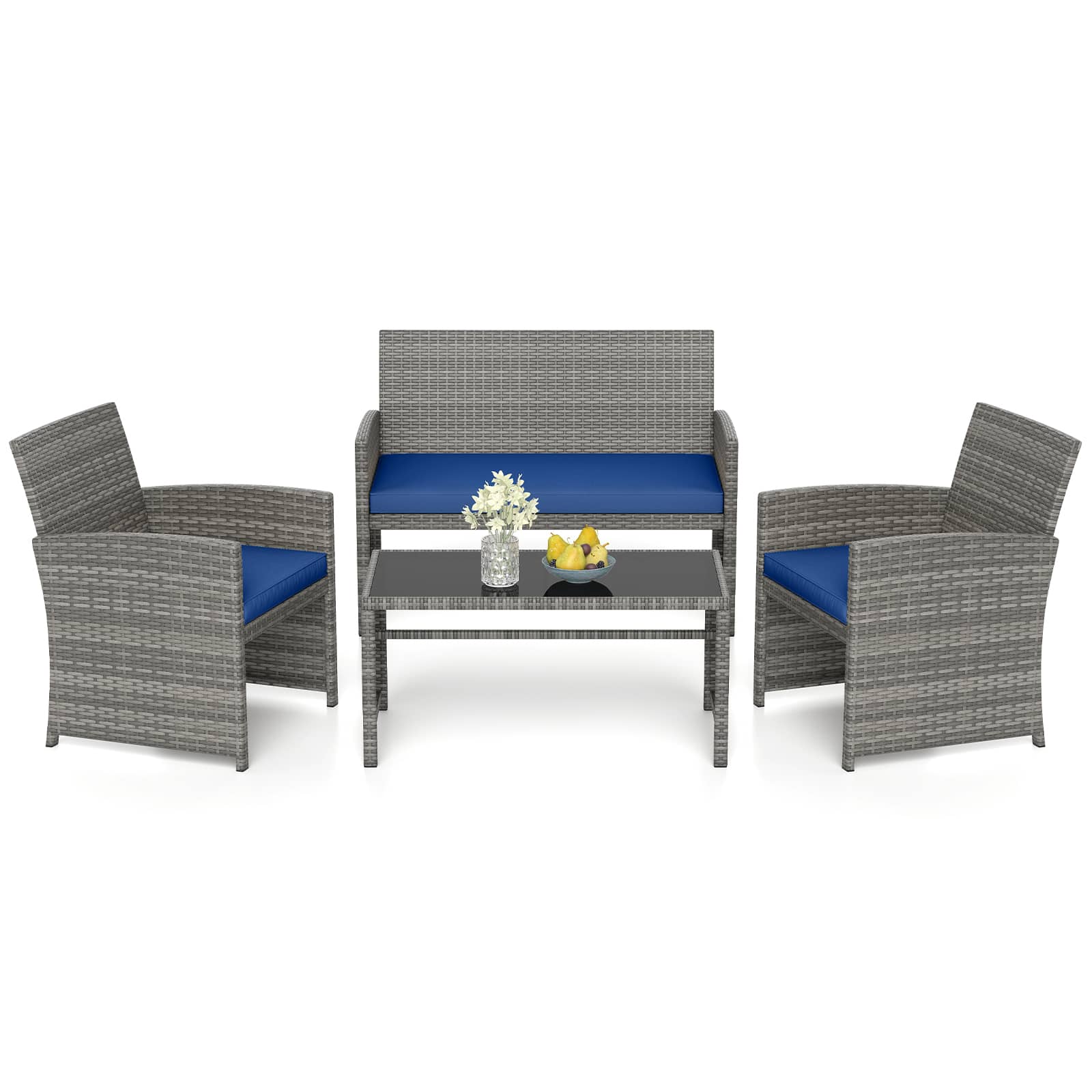 Gymax - 4 Piece Patio Furniture Set Outdoor Wicker Conversation Set w/ Tempered Glass Coffee Table Navy - Blue