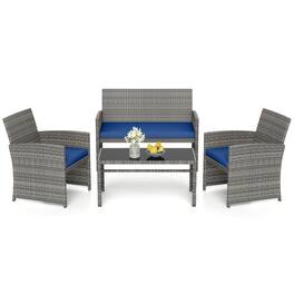 Gymax - 4 Piece Patio Furniture Set Outdoor Wicker Conversation Set w/ Tempered Glass Coffee Table Navy - Blue