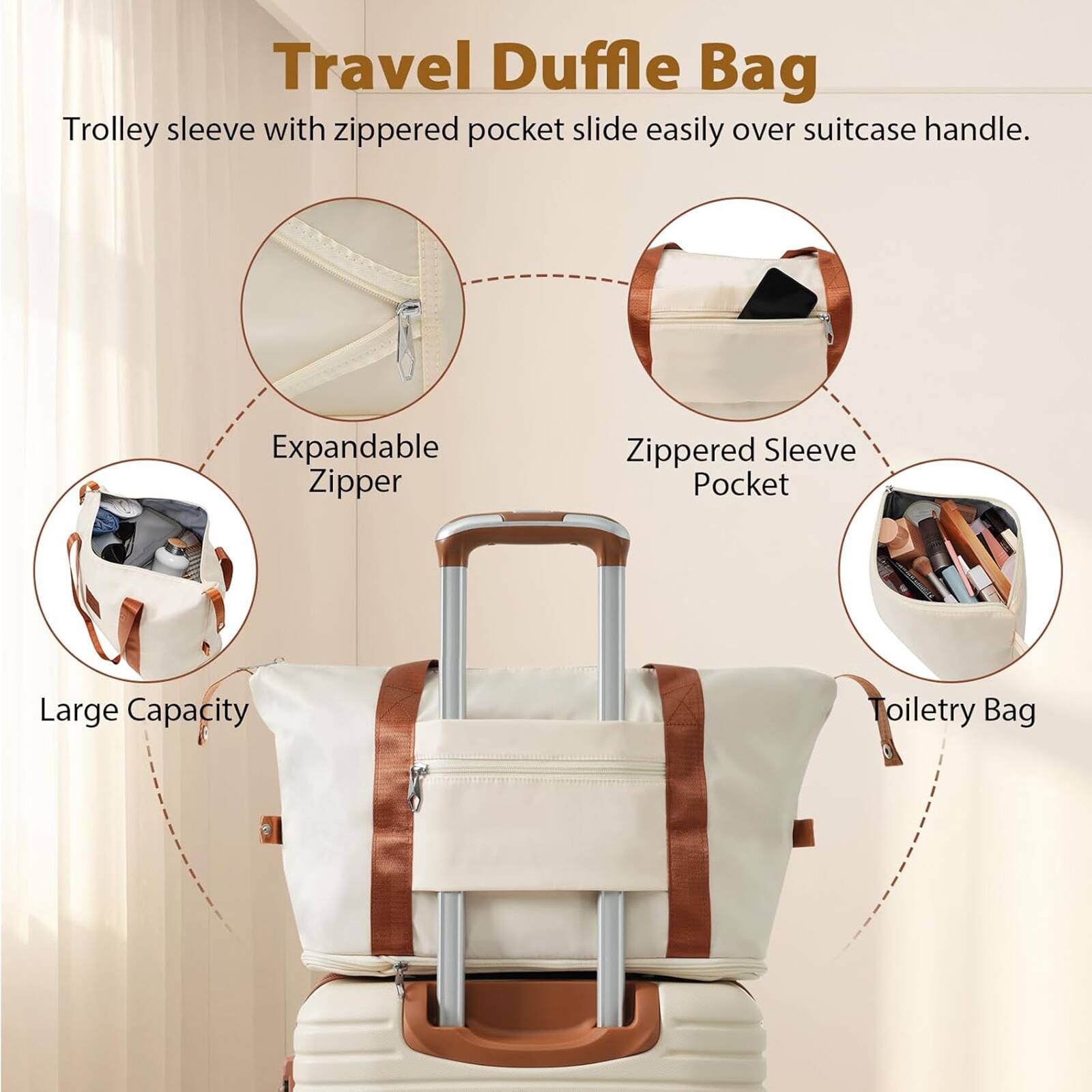 Travel Duffle Bag

- Trolley sleeve with zippered pocket slide easily over suitcase handle.
- Expandable Zipper
- Zippered Sleeve Pocket
- Large Capacity
- Toiletry Bag