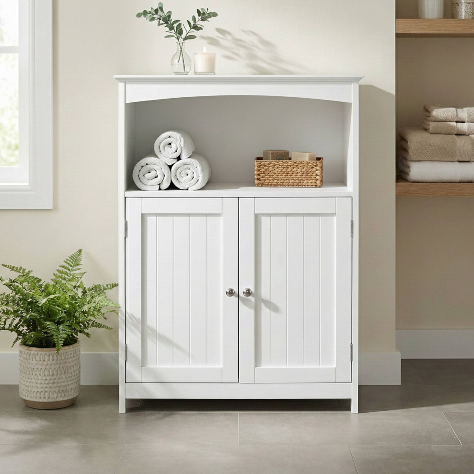 Alt View 2. Redmon - Redmon Double Door Bathroom Floor Cabinet with Open Shelf Storage, White - White.