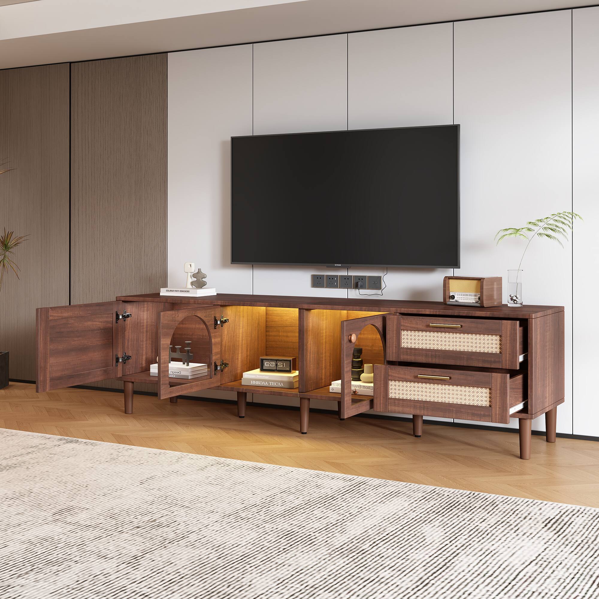 Angle. Z-Edge - TV Stand for TVs up to 80", Entertainment Center with LED Lights, 2 Drawers & Glass Door, Media Console for Living Room - Walnut.
