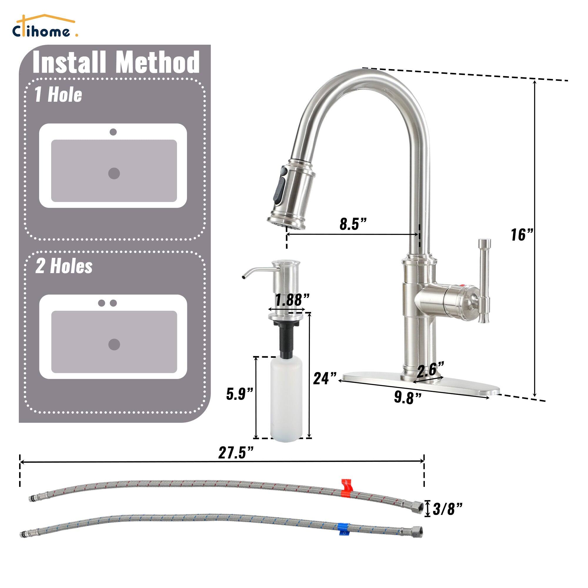 C ihome Install Method 1 Hole 8.5" 16" 2 Holes 1.88" 5.9" 24" 2.6" 9.8" 27.5" 13/8"