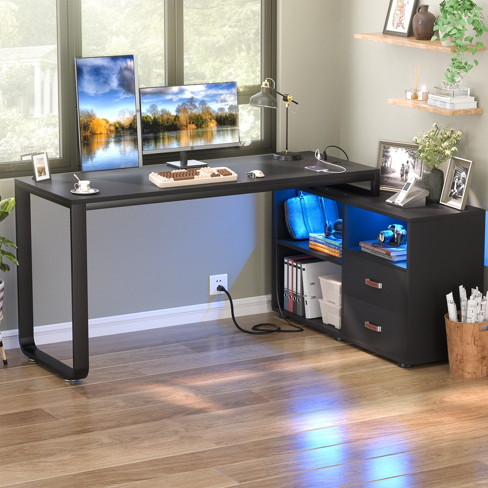 Aheaplus - Reversible L-Shaped Computer Desk with Drawers and Cabinet, Gaming Desk with Power Outlets and LED Lights - Black