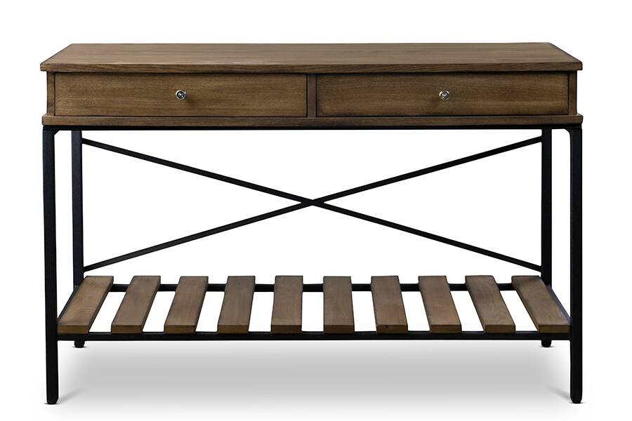Front. Baxton Studio - Newcastle Wood and Metal Console Table-Criss-Cross - Brown/Antique Bronze.