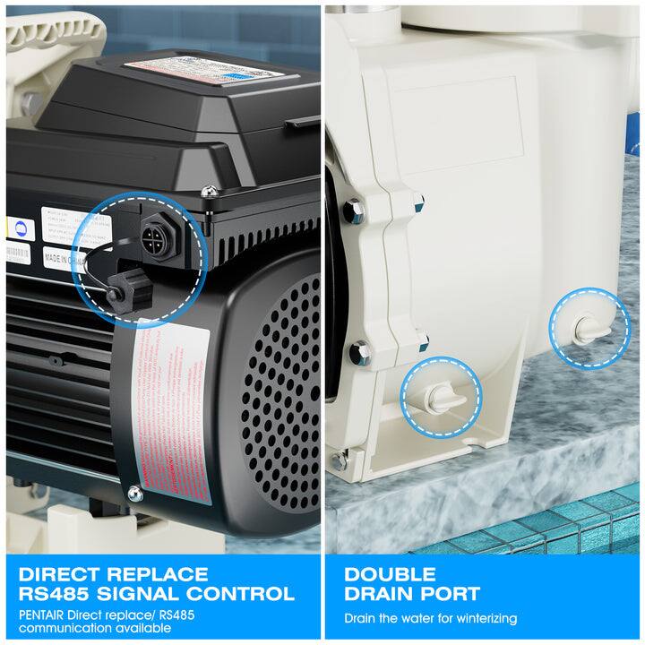 - DIRECT REPLACE RS485 SIGNAL CONTROL  
  PENTAIR Direct replace/ RS485 communication available

- DOUBLE DRAIN PORT  
  Drain the water for winterizing