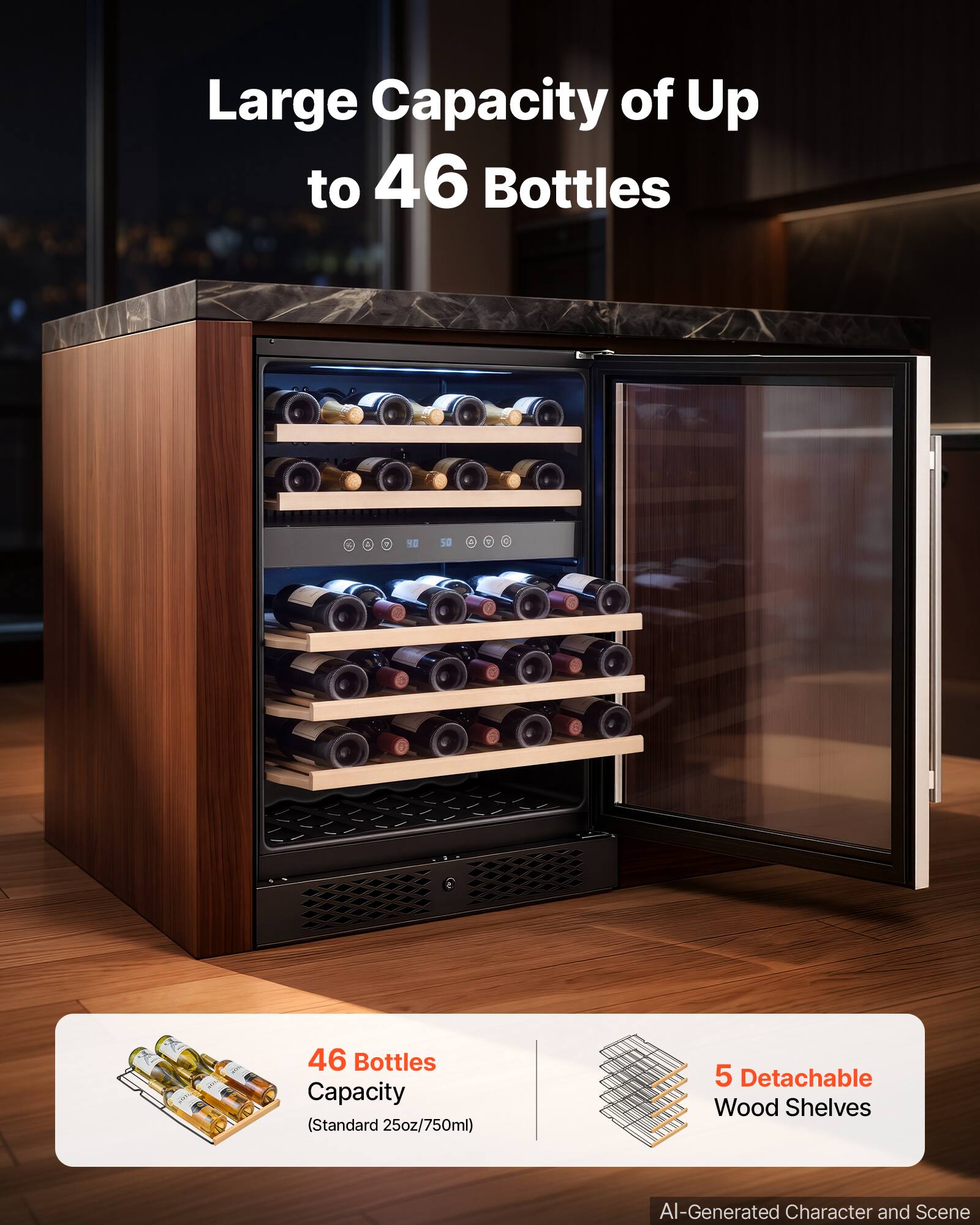 Large Capacity of Up to 46 Bottles

46 Bottles Capacity (Standard 25oz/750ml)

5 Detachable Wood Shelves

AI-Generated Character and Scene