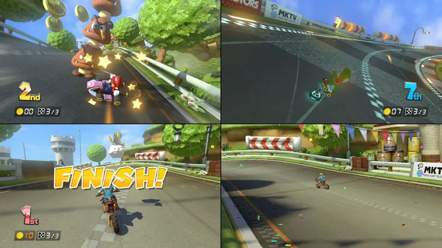 The text on the image is grouped and corrected as follows:

1. "Finish!" is displayed on the left side of the image, indicating the completion of a race.
2. "1st" is displayed on the right side of the image, indicating the winner of the race.
3. The image shows a race with three laps, as indicated by the "x 3/3" text.
4. The image also shows the lap times for the race, with the fastest lap being 10 seconds.
5. The image features Mario Kart characters, such as Bart and Peaches, participating in the race.