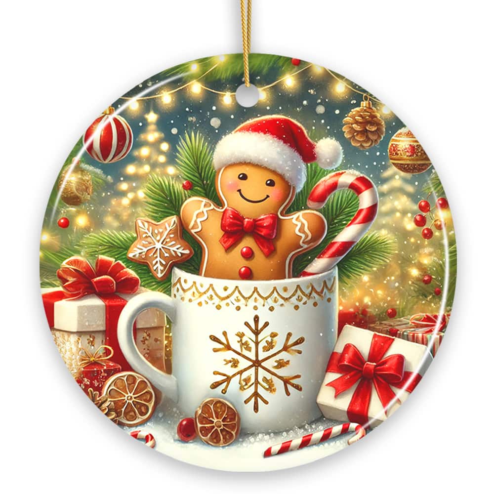 OrnamentallyYou - Adorable Gingerbread Man in a Christmas Cup Ornament Sweet and Warm Holiday Gift and Tree Decor Circle - Multi-colored
