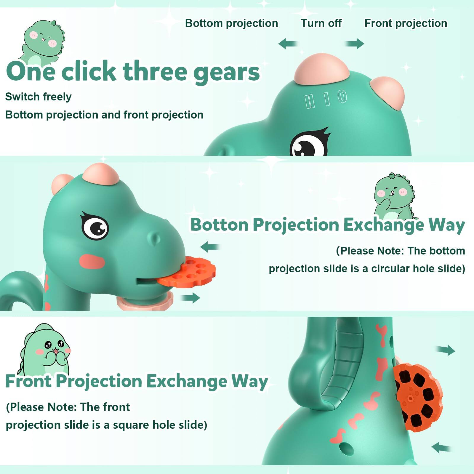 Sure, here is the corrected and grouped text from the image:

---

**One click three gears**

- Switch freely
- Bottom projection and front projection

---

**Bottom Projection Exchange Way**

- (Please Note: The bottom projection slide is a circular hole slide)

---

**Front Projection Exchange Way**

- (Please Note: The front projection slide is a square hole slide)

---

**Bottom projection**  
**Turn off**  
**Front projection**