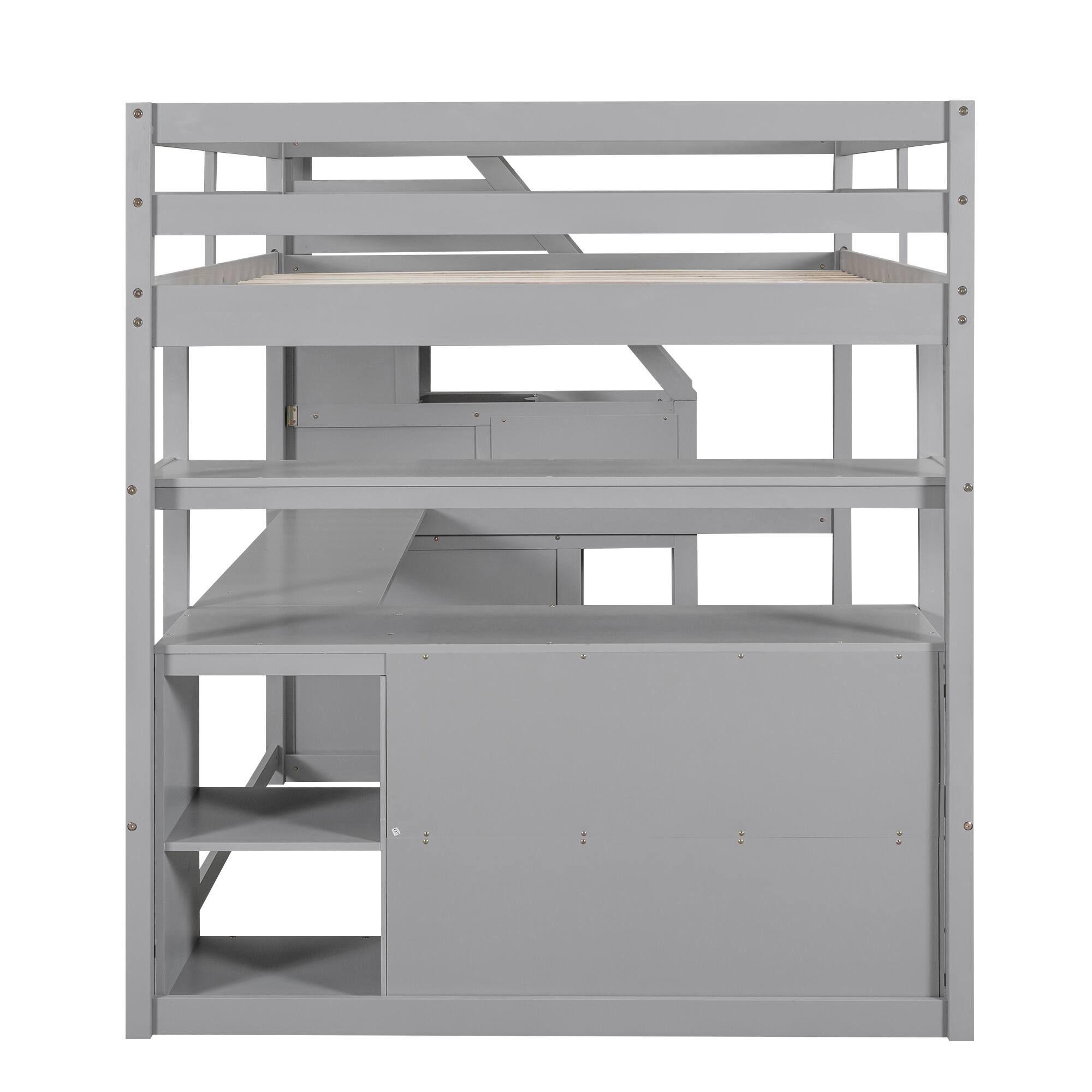 Alt View 10. Tiramisubest - Full Size Gray Loft Bed with Desk, Shelves, 2 Drawers & Storage Staircase, Pine - Gray.