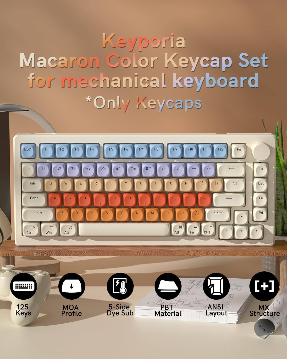 Keyporia Macaron Color Keycap Set for mechanical keyboard *Only Keycaps

ESC F1 F2 F3 F4 F5 F6 F7 F8 F9 F10 F11 F12 Ps 11 2@ 3# 4$ 5% 6 76 8 9( 0) I Ins Tab a W E R T Y U I 0 P [ 1) Del Caps A 5 D F G H J  K L : .. Pu Shift Z x  V   M /? 7 Shift Pd Ctrl Win 36 Alt 3 Alt Fn Ctrt [+] 125 Keys MOA Profile 5-Side Dye Sub PBT Material ANSI Layout MX Structure