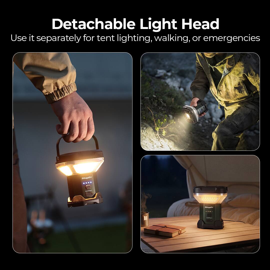 Detachable Light Head  
Use it separately for tent lighting, walking, or emergencies