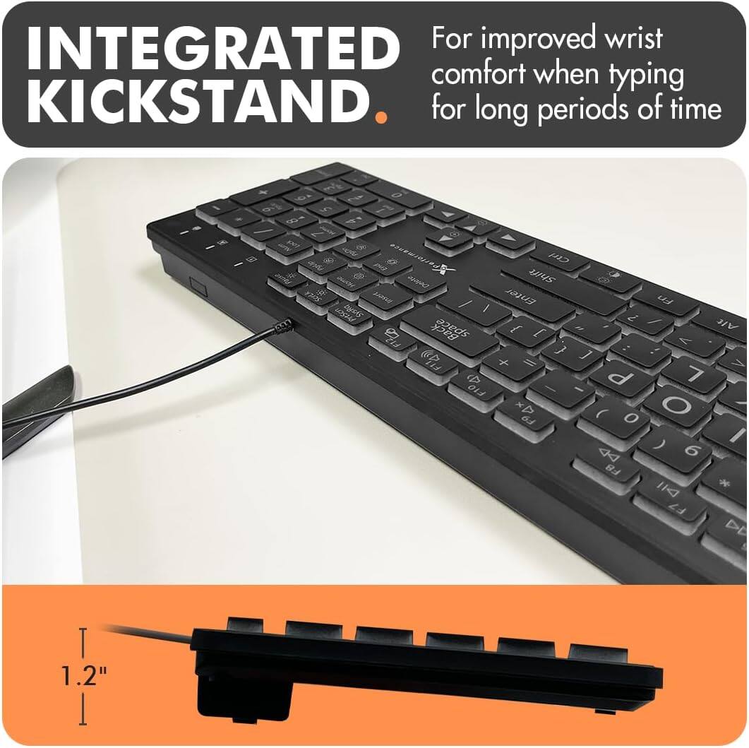 INTEGRATED KICKSTAND for improved wrist comfort when typing for long periods of time.