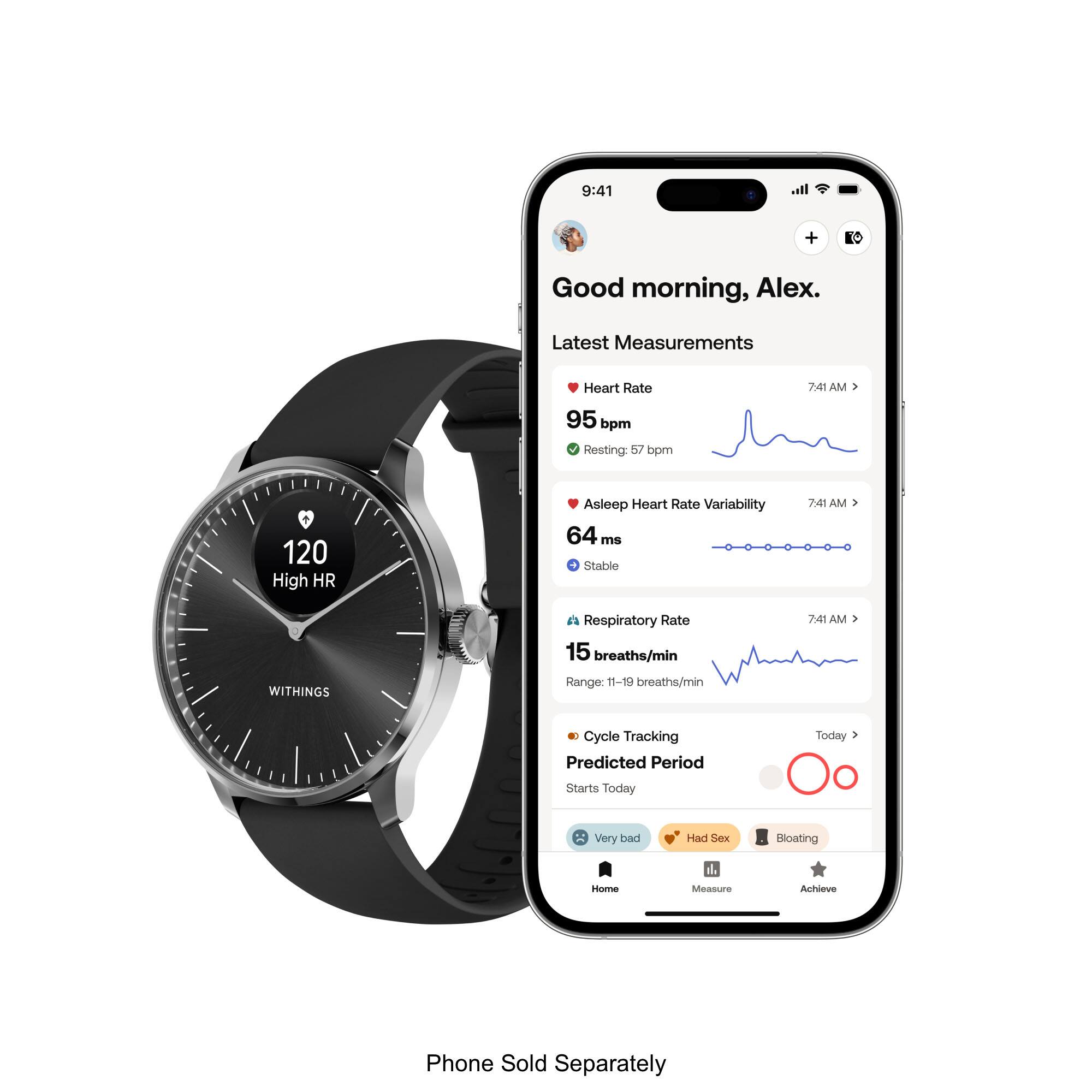 Angle. Withings - ScanWatch Light -  Daily Health Hybrid Smartwatch - 37mm - Black/Silver.