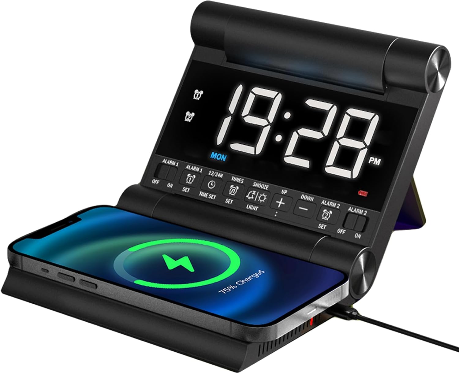 Stamp n Camp - Alarm Clock with Wireless Charging for bedrooms, Heavy Sleepers, Travel, Teens, Digital Smart Desk Clock, Dual Alarms - default