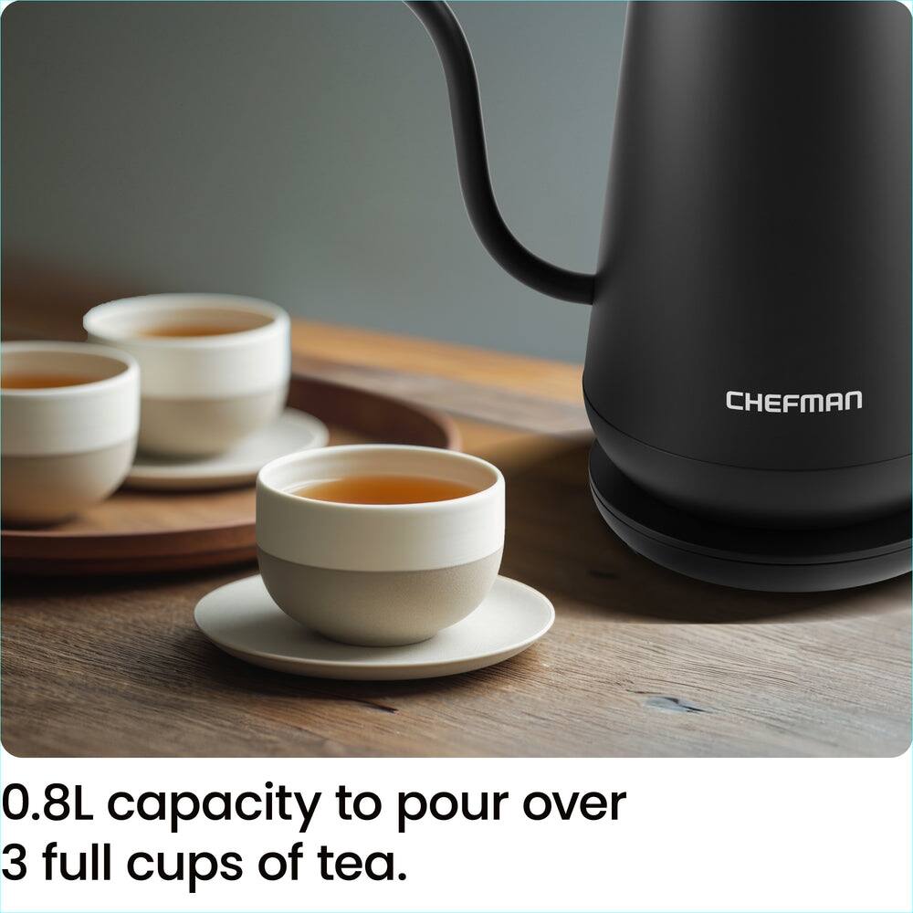 CHEFMAN 0.8L capacity to pour over 3 full cups of tea.