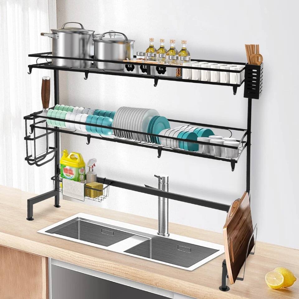 Back. Home Collection - 2-Tier Over Sink Dish Drying Rack Carbon Steel Kitchen Organizer Cup Cutlery Shelf.
