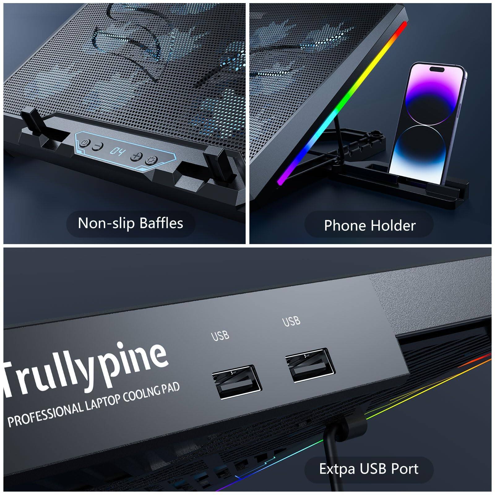 04 Non-slip Baffles Phone Holder USB Trullypine LAPTOP COOLING PAD PROFESSIONAL USB Extra USB Port