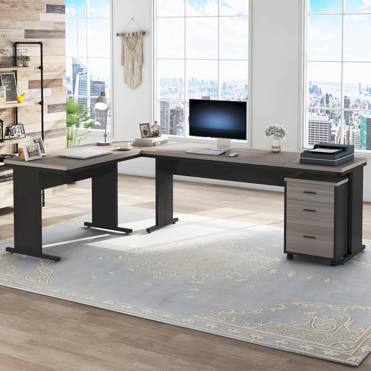 Alt View 2. APRILSOUL - 83in L-Shaped Executive Desk with Reversible Design 3-Drawer Mobile File Cabinet Business Workstation for Office Gray - Gray+Black.