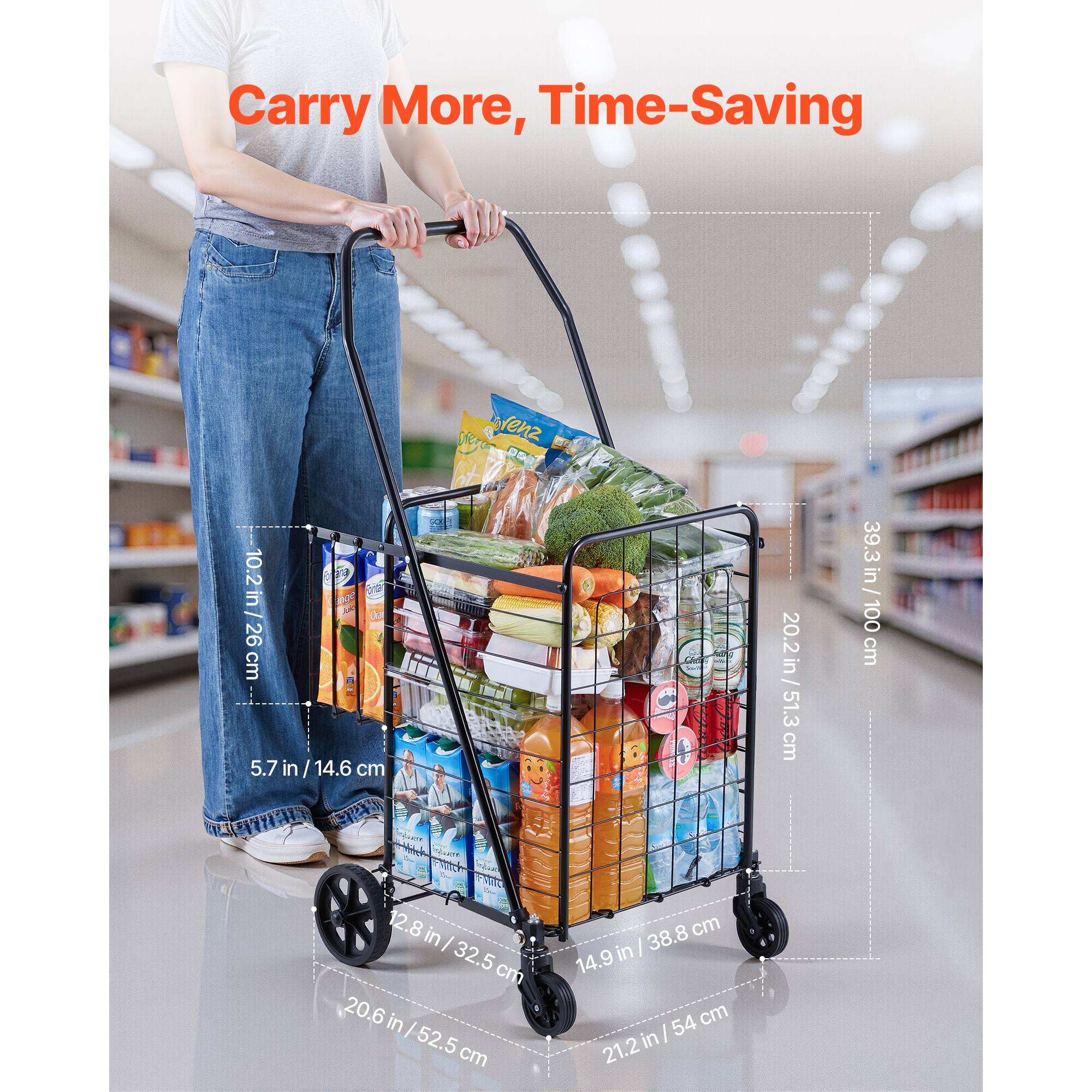 Carry More, Time-Saving

- Handle Height: 102 cm / 39.3 in
- Handle Width: 5.7 in / 14.6 cm
- Wheel Diameter: 12.8 in / 32.5 cm
- Cart Width: 20.6 in / 52.5 cm
- Cart Depth: 14.9 in / 38.8 cm
- Cart Height: 21.2 in / 54 cm
- Overall Height: 202.2 in / 51.3 cm
- Overall Width: 38.8 in / 100 cm