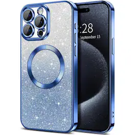 Entronix - Magnetic Case for iPhone 15 Pro Max - Clear Luxury Glossy Cover - Blue + Glitter