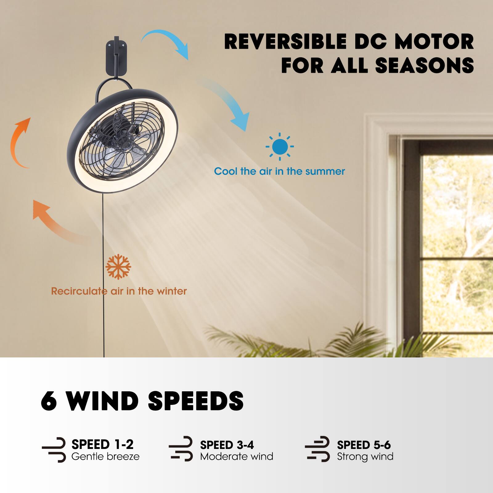 REVERSIBLE DC MOTOR FOR ALL SEASONS  
Cool the air in the summer  
Recirculate air in the winter  

6 WIND SPEEDS  
SPEED 1-2: Gentle breeze  
SPEED 3-4: Moderate wind  
SPEED 5-6: Strong wind
