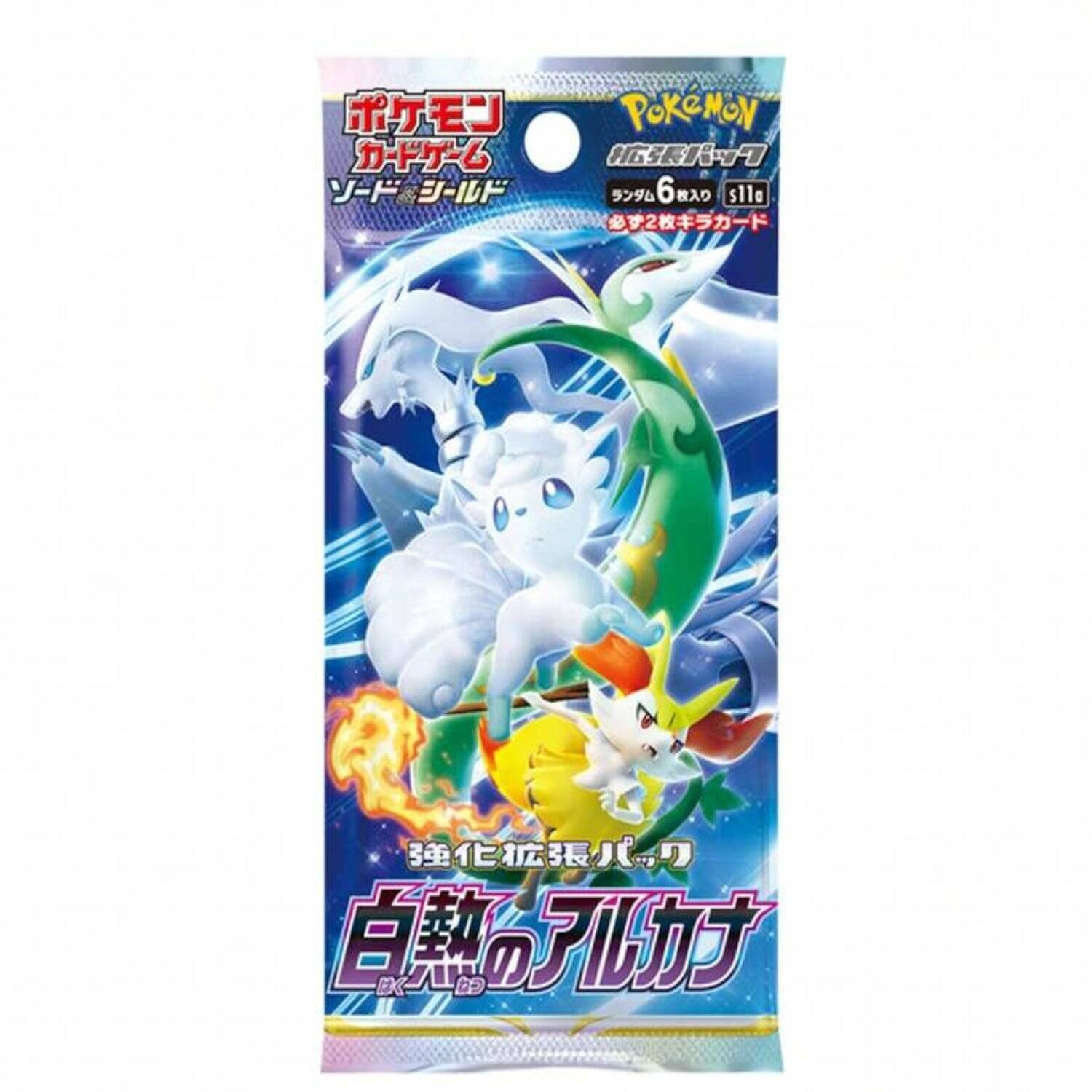 Sure, here is the corrected and grouped text from the image:

**Top Left:**
ポケモンカードゲーム
ソード・シールド

**Top Right:**
ポケモン
コレクション
6枚入り
s11e
必ず2枚キラーカード

**Center:**
強化拡張パック
白熱のアリーナ
EK-11

**Bottom:**
張り切る
アリーナ