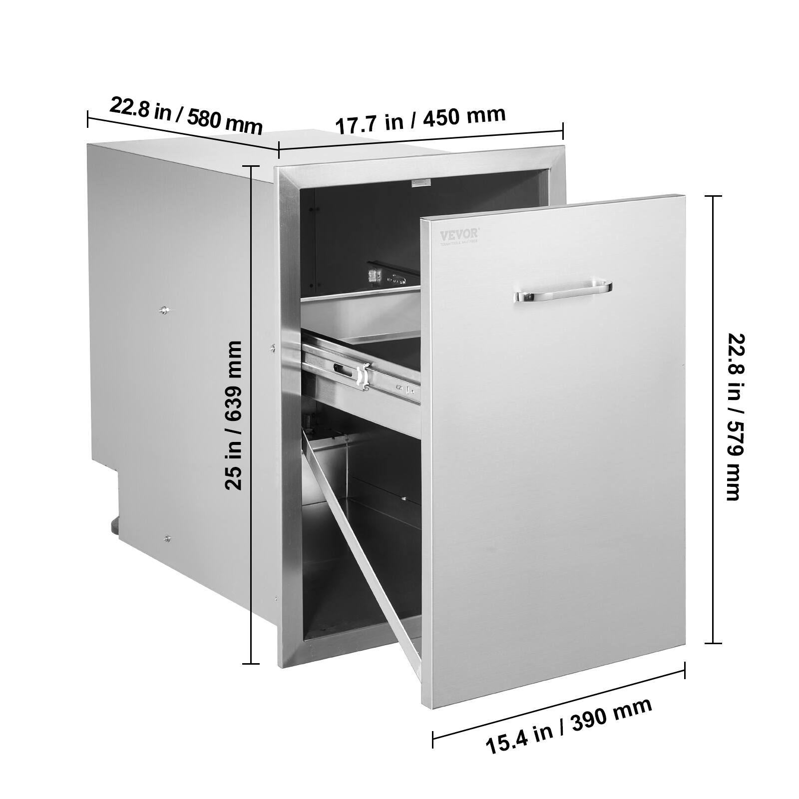 22.8 in / 580 mm  
17.7 in / 450 mm  
25 in / 639 mm  
15.4 in / 390 mm  
22.8 in / 579 mm