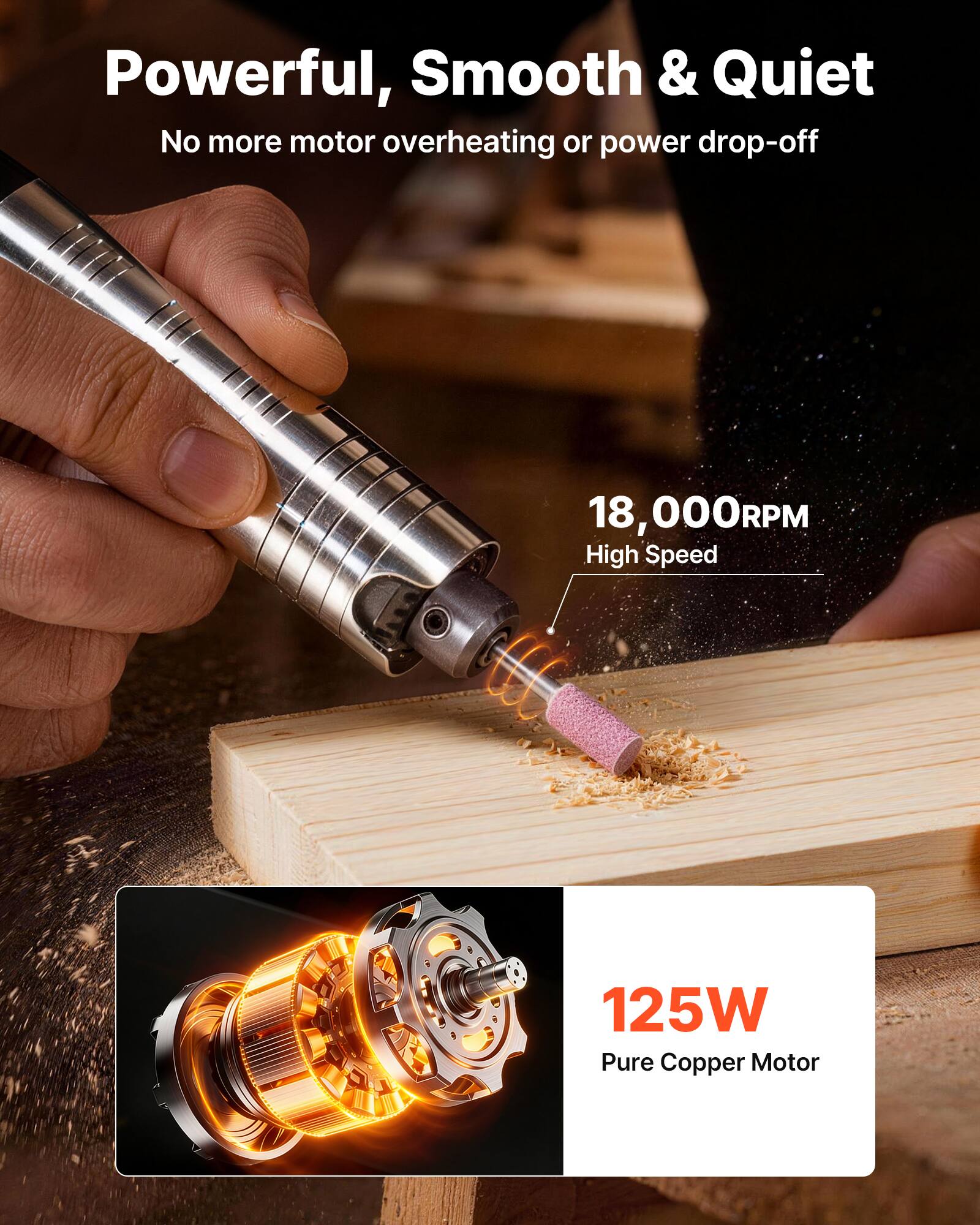 Powerful, Smooth & Quiet  
No more motor overheating or power drop-off  

18,000RPM  
High Speed  

125W  
Pure Copper Motor