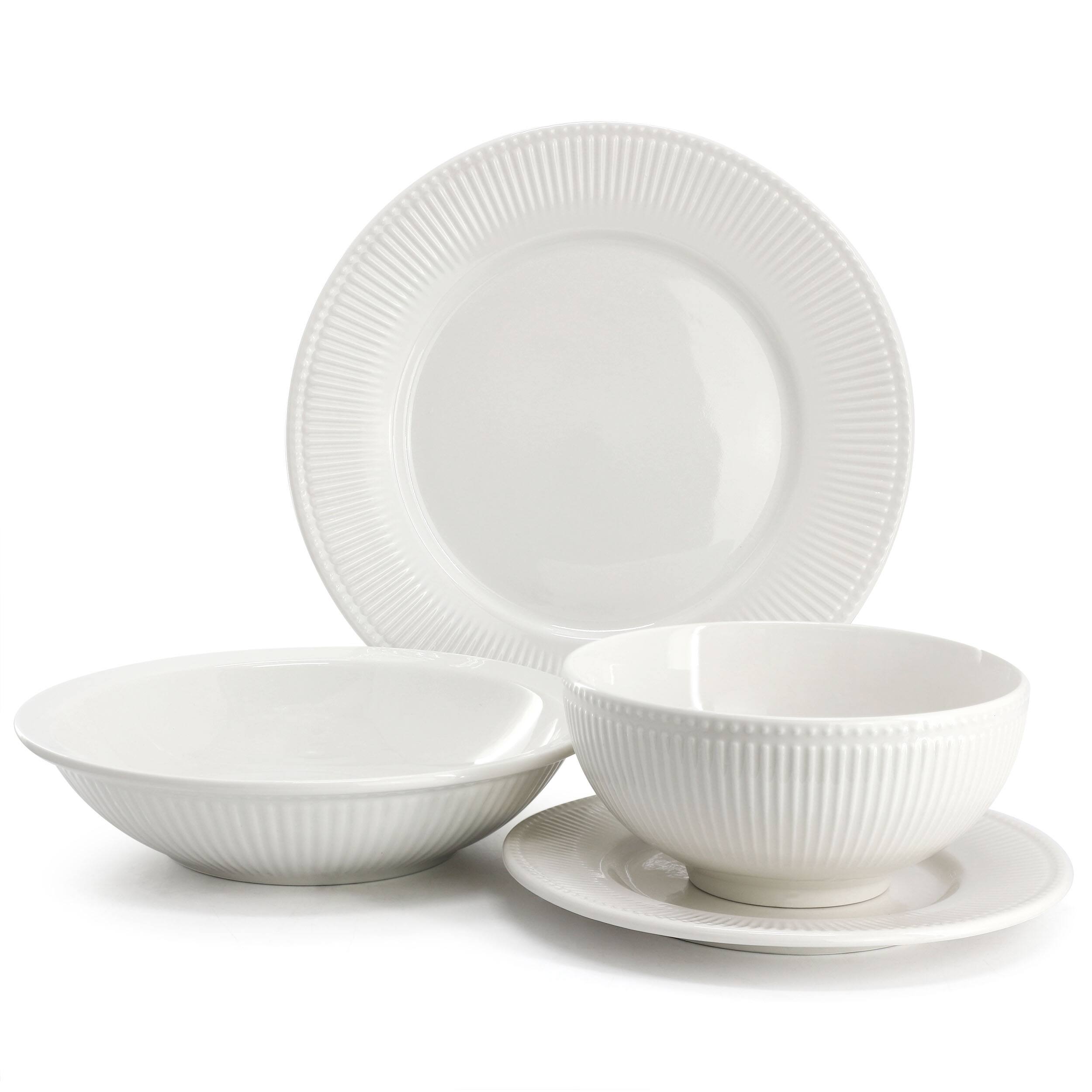 Alt View 1. Elama - Elama Kate 16 Piece Textured Trim Double Bowl Porcelain Dinnerware Set in White - White.