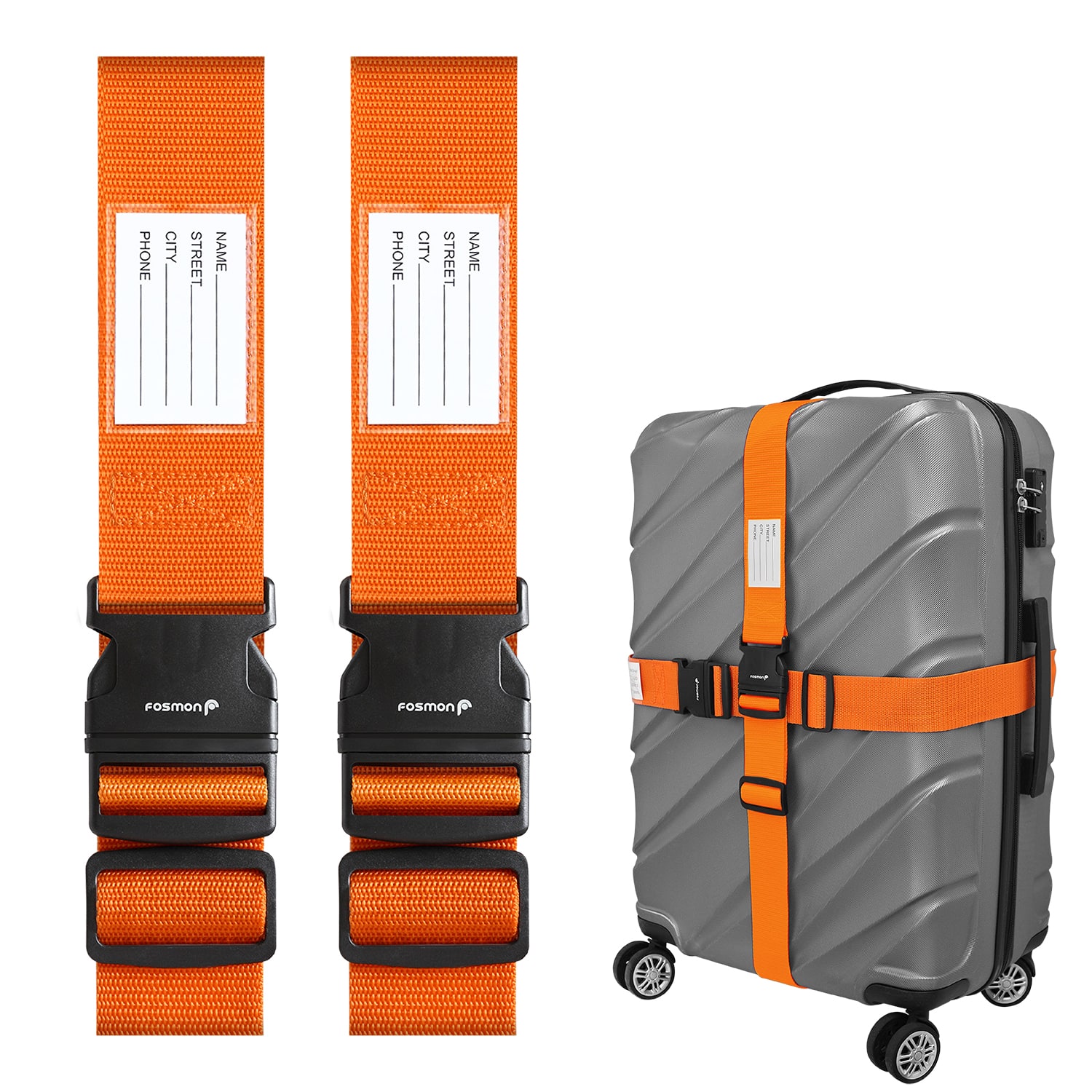 Fosmon - 2 Pack Luggage Straps with Buckle, Adjustable Luggage Straps for Suitcases, Baby Car Seat, Travel Luggage Belt - Orange
