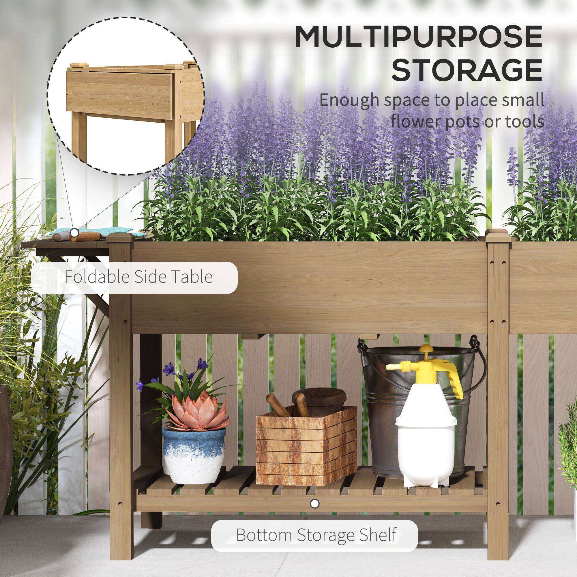 MULTIPURPOSE STORAGE  
Enough space to place small flower pots or tools  

Foldable Side Table  

Bottom Storage Shelf