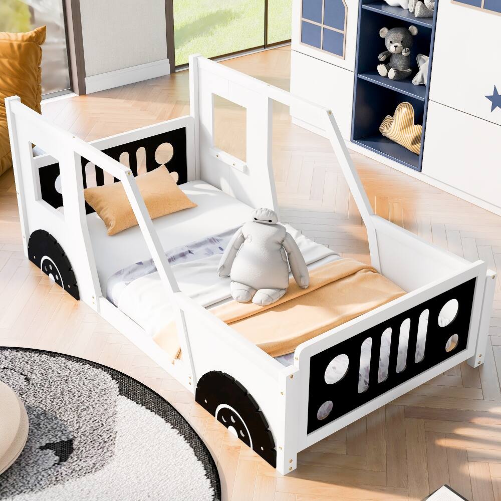 Front. Loheer - Loheer Twin Size Car Bed White Car Shaped Platform Bed with Wheels - White.