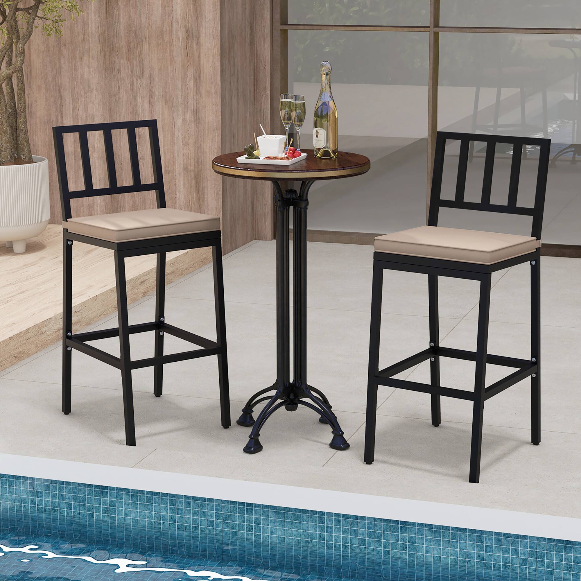 Alt View 4. Gymax - Gymax Patio Bar Chair Set of 2 Heavy Duty Metal All Weather Bar Stools w/ Backrest - Black, Beige.