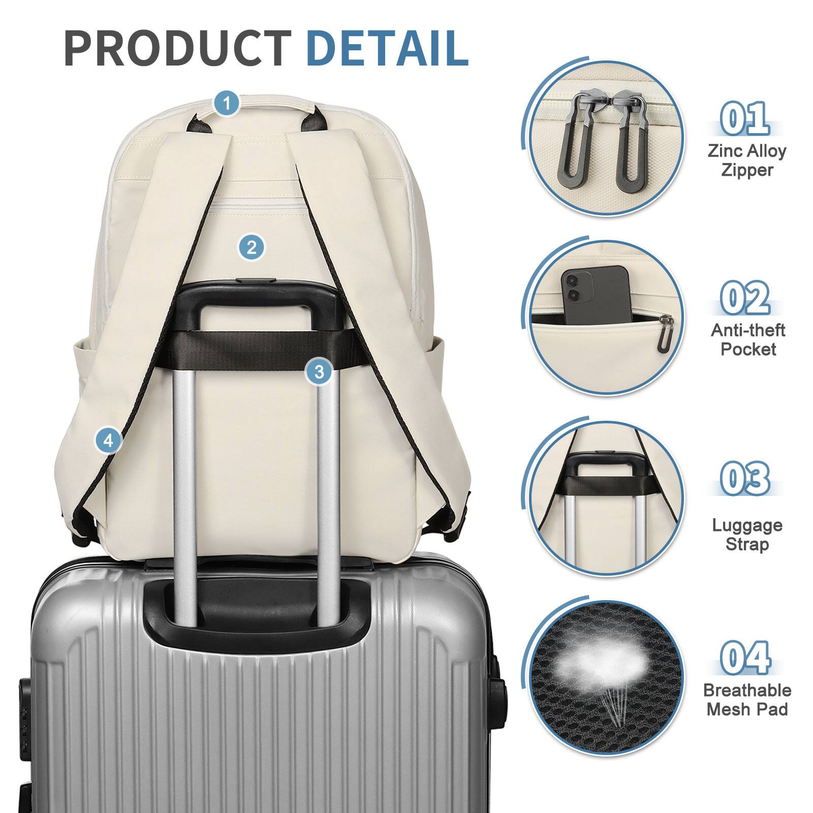 PRODUCT DETAIL

1. Zinc Alloy Zipper
2. Anti-theft Pocket
3. Luggage Strap
4. Breathable Mesh Pad