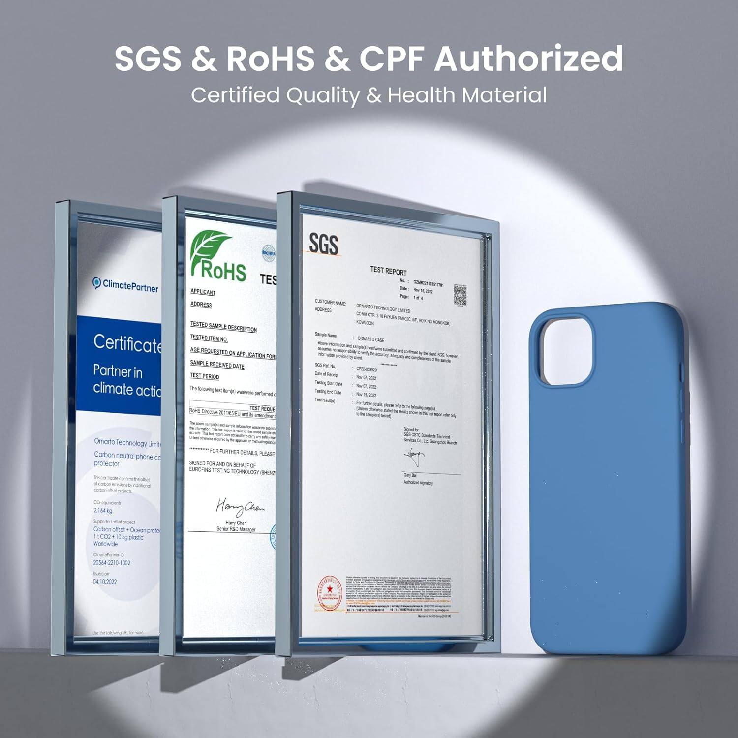 SGS & ROHS & CPF Authorized Certified Quality & Health Material

ClimatePartner
Certificate in climate action
Omaha Technology Limited
Carbon neutral phone case

SGS TEST REPORT

For further details please sign on the form for and behalf of Shenzhen Testing Technology Co., Ltd.

HanC ran Tha Sere

Omaha Technology Limited
Carbon neutral phone case
2,164kg
Sccotecote
Canor uter ceoe grot 1000 10kg ciade Worldeitte