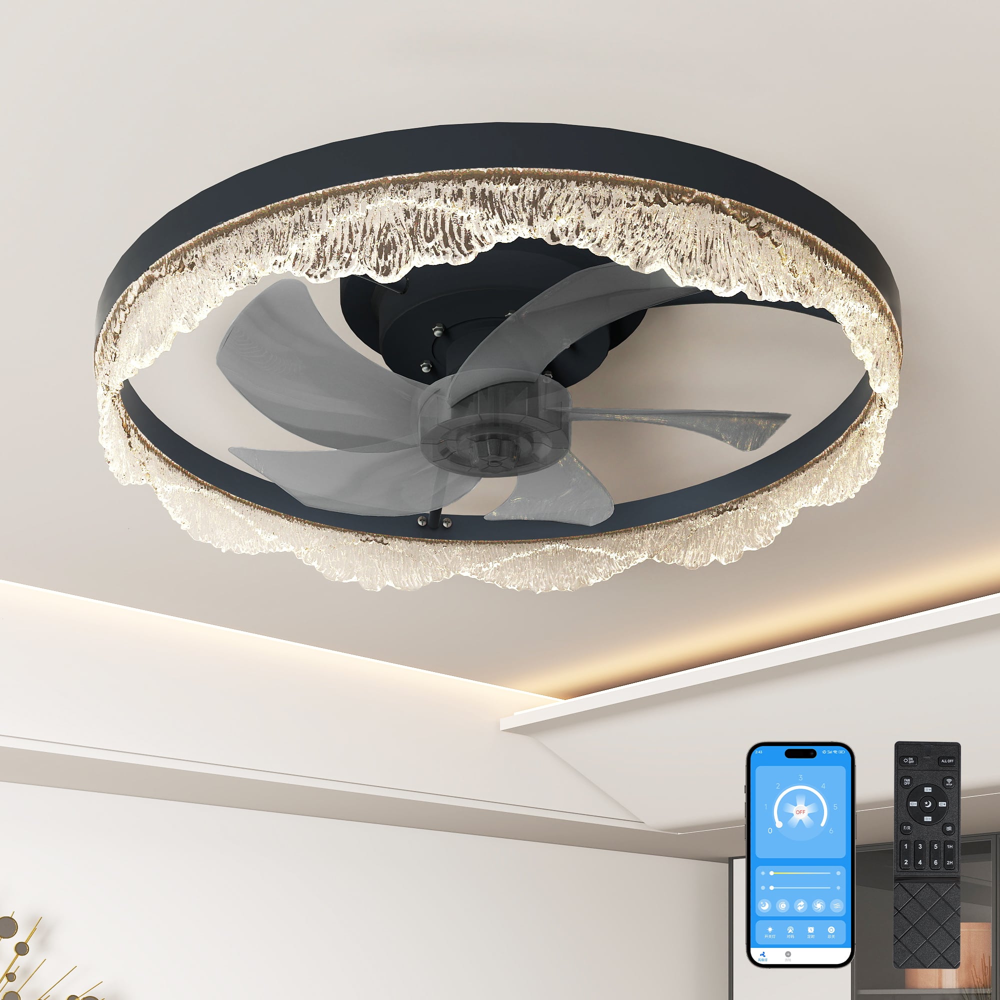 TinyHomie - 20 Decorative LED Ceiling Fan Light Modern Flush Mount with Acrylic Ring Hidden