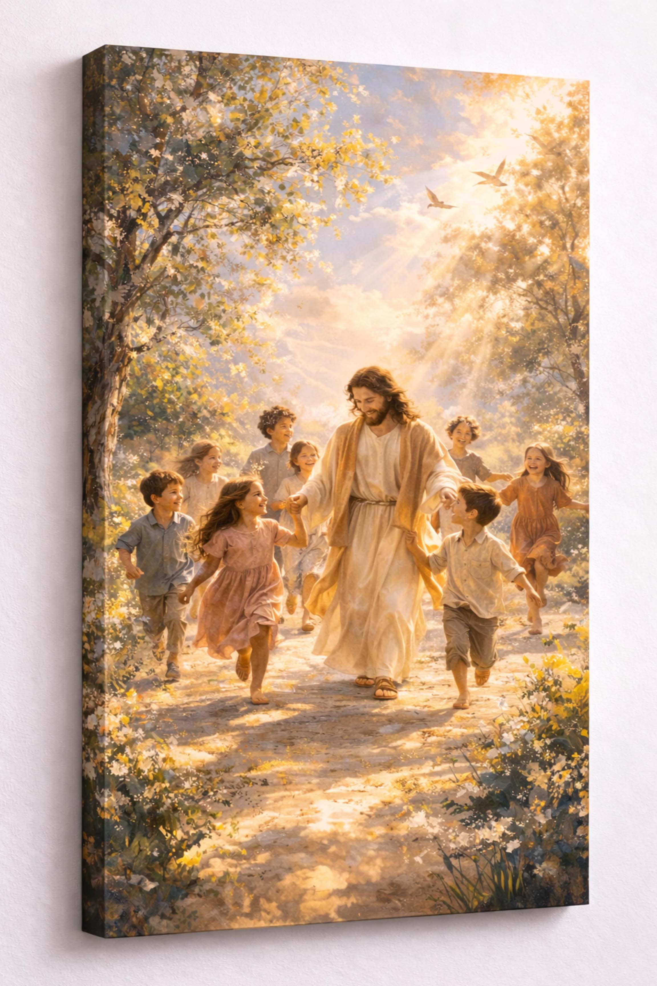 Front. FC Design - Large Golden Color Joyful Jesus With Children Canvas 24x36" Ready-to-Hang Religious Art Painting Home Wall Decor - MultiColor.