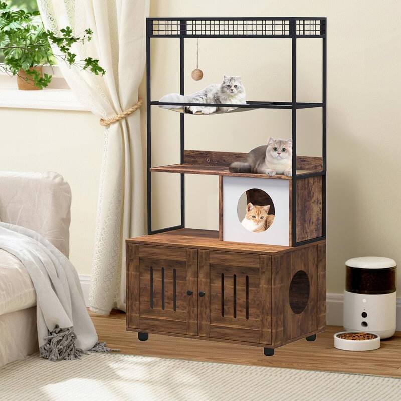Front. GARVEE - Large Cat Litter Box Enclosure with Shelf, Multi-Functional Wooden Cabinet w/Cat Condo, Sisal Hammock & Play Ball - Brown.