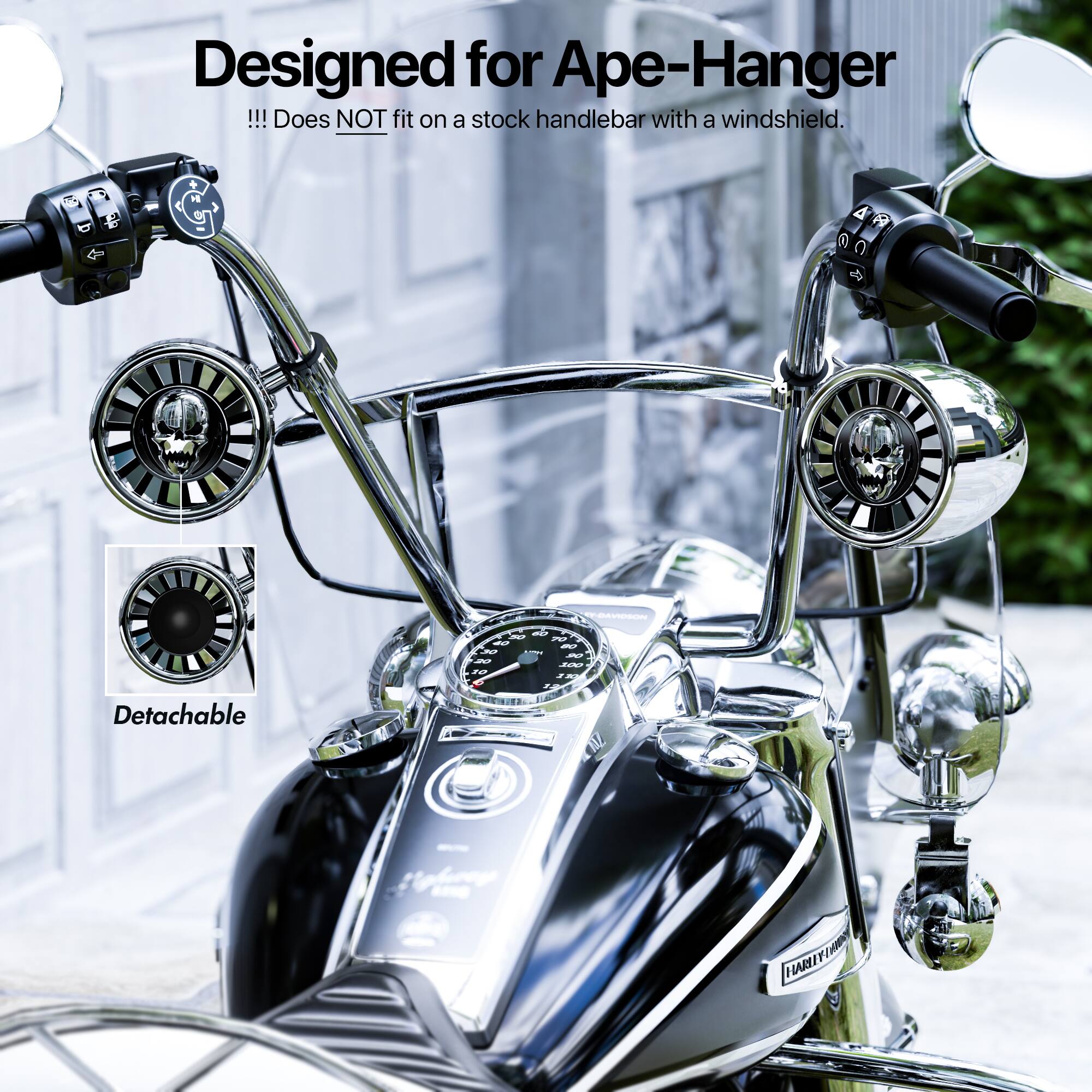 Designed for Ape-Hanger  
!!! Does NOT fit on a stock handlebar with a windshield.  
Detachable