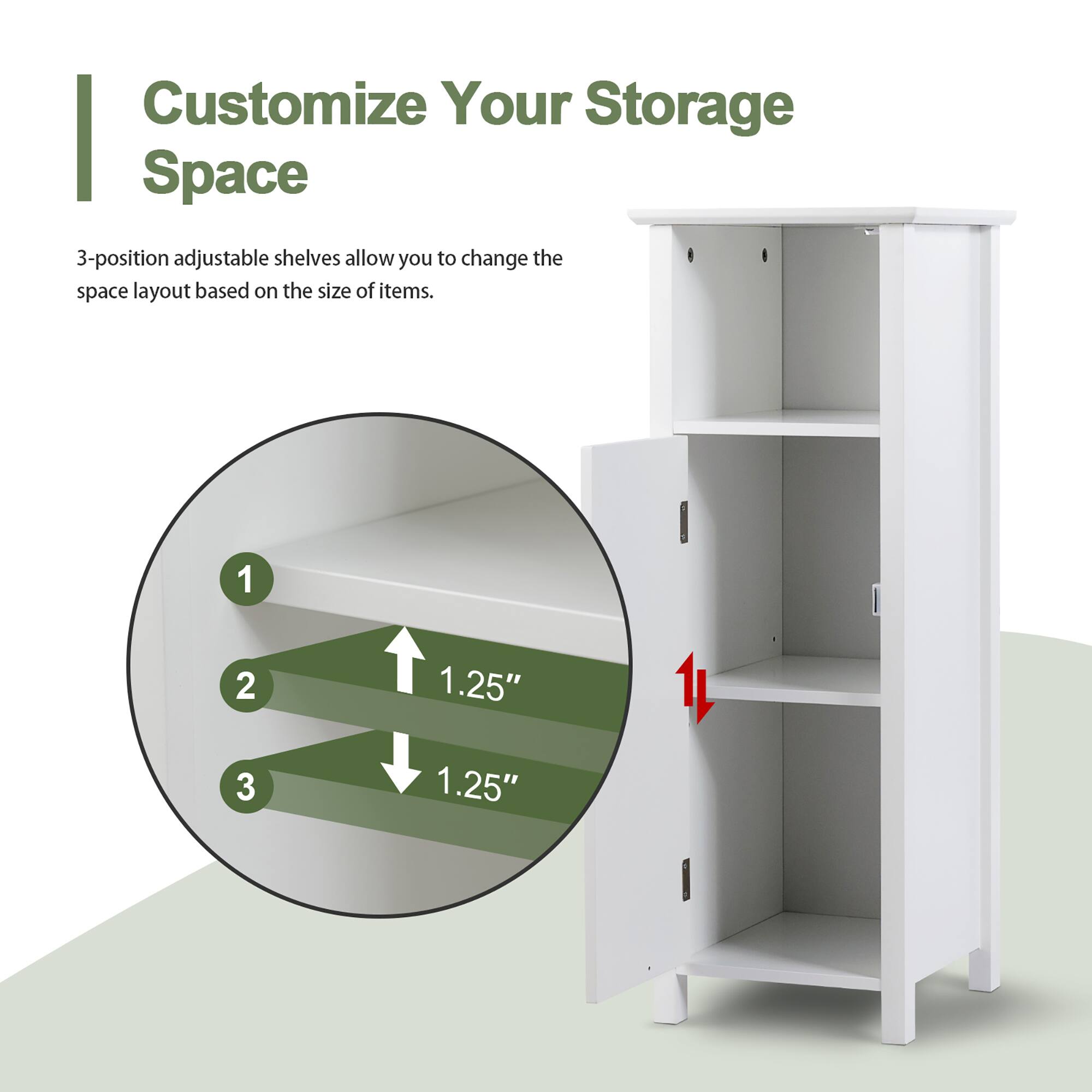Customize Your Storage Space

3-position adjustable shelves allow you to change the space layout based on the size of items.

1.25"  
1.25"