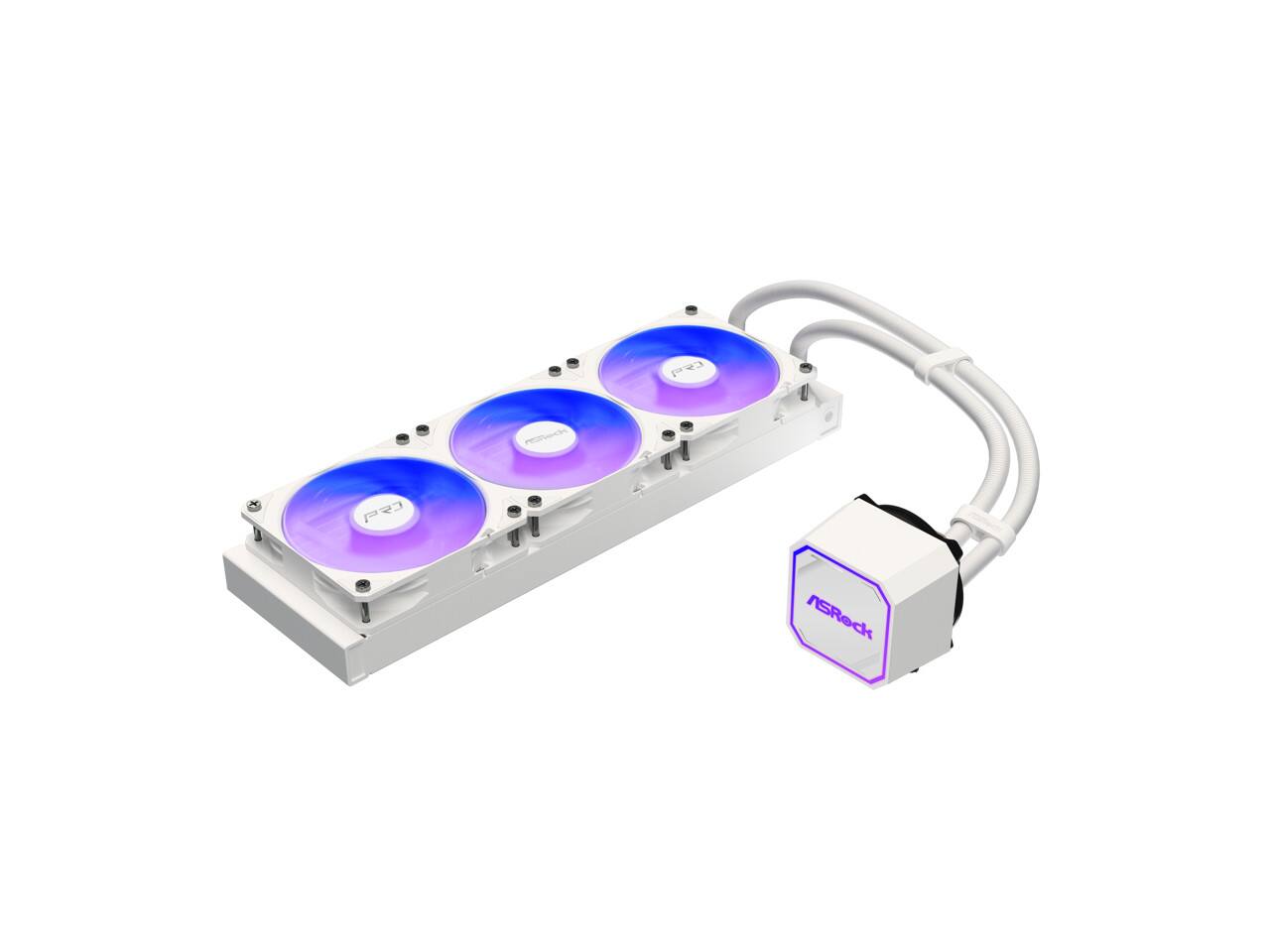 Back. ASRock - ASRock AIO PRO White 360 ARGB 27mm radiator, ARGB waterblock, ARGB Hub-lighting fan, white version - White.