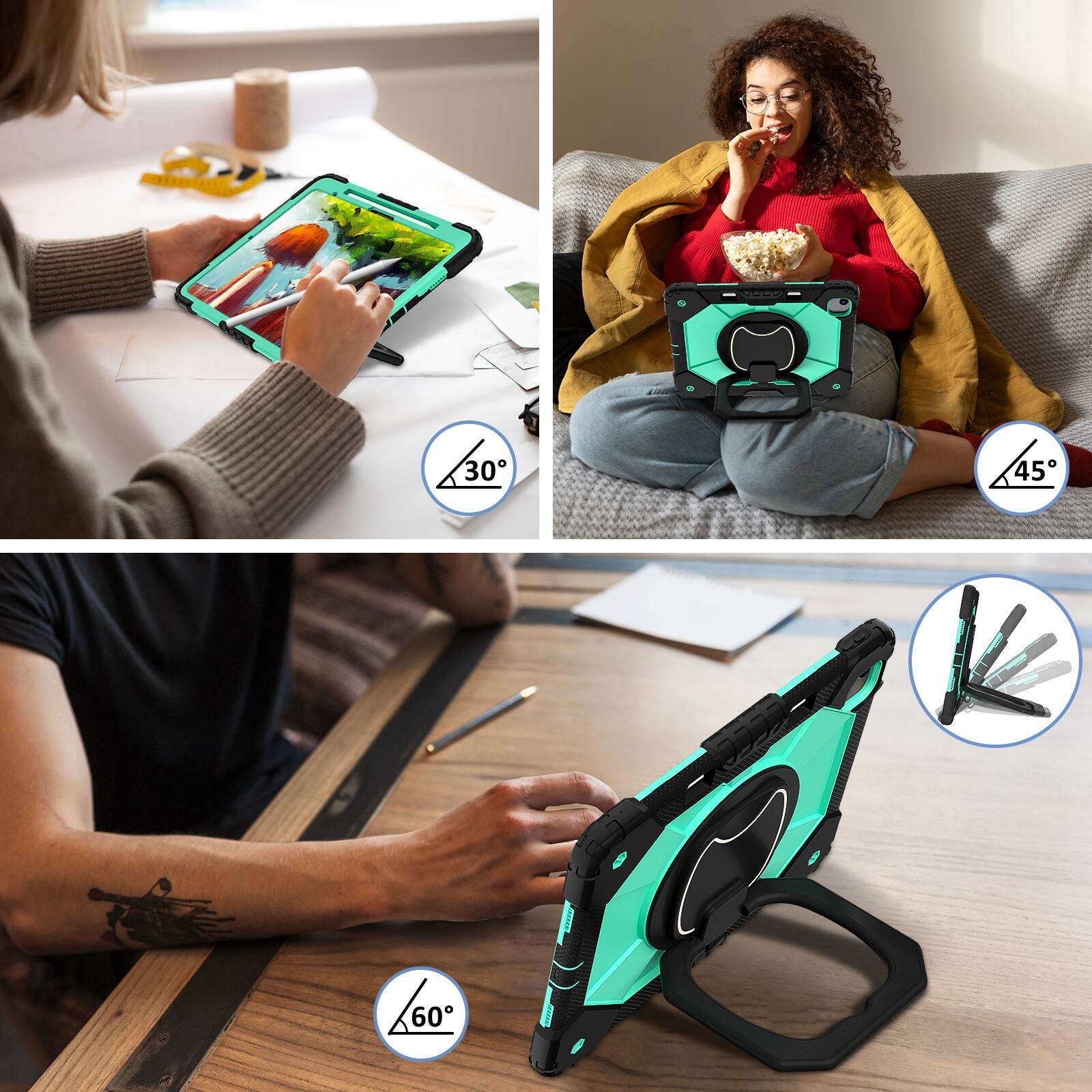 Alt View 1. Dteck - Case for Apple iPad Air 13-inch M4 (2026)/M3 (2025) / M2 (2024), 3-Layer Rugged Kickstand Handle Grip Cover+Strap - Black Mint.