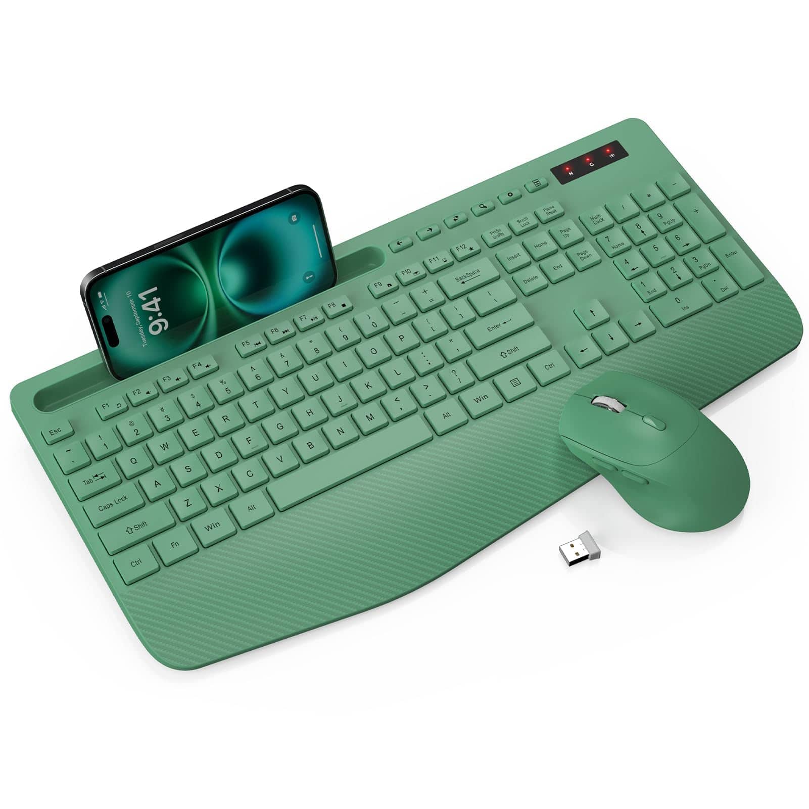 PRIMEPLUS - Wireless Keyboard Mouse Combo, Ergonomic Full-Size with Wrist Rest, Phone Holder, Silent Sleep Mode for Windows/Mac - Morandi Green