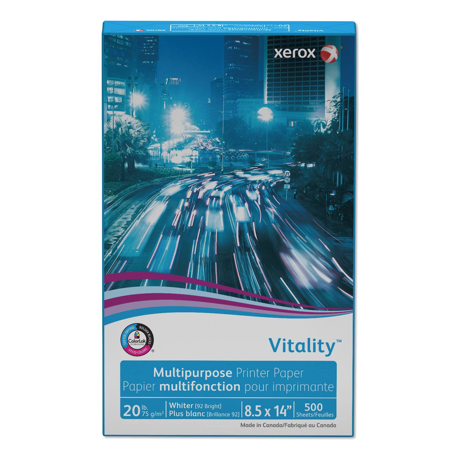 Xerox  
Vitality™  
Multipurpose Printer Paper  
Papier multifonction pour imprimante  

20 lb  
75 g/m²  
Whiter (92 Bright)  
Plus blanc (Brillance 92)  

8.5 x 14"  
500 Sheets/Feuilles  

Made in Canada/Fabriqué au Canada