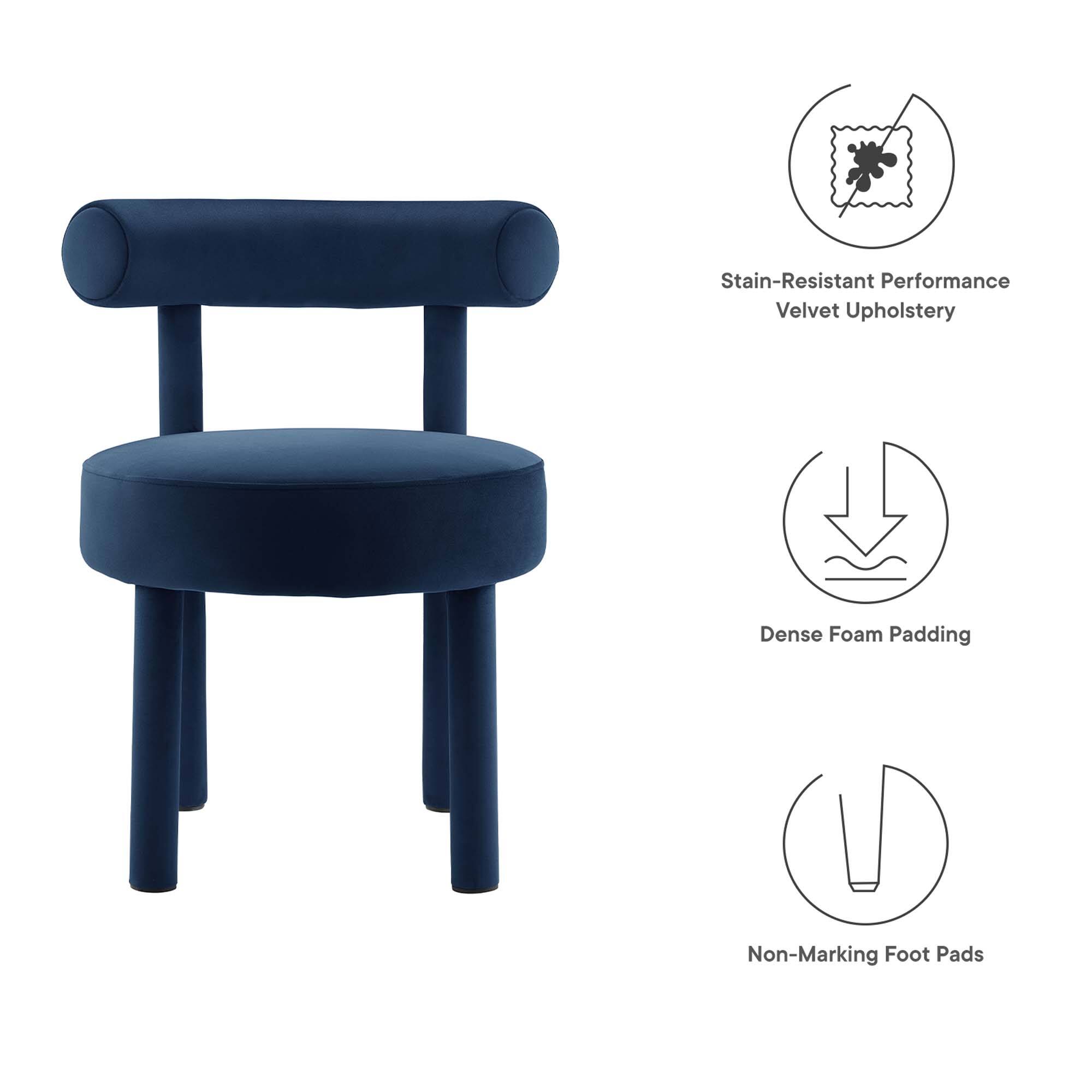 - Stain-Resistant Performance Velvet Upholstery
- Dense Foam Padding
- Non-Marking Foot Pads