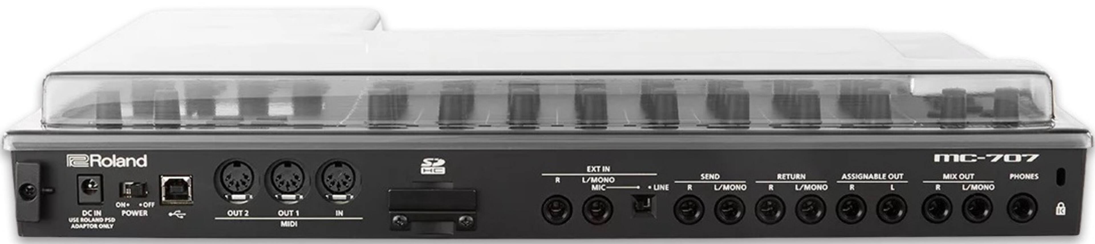 Roland  
MC-707  

DC IN  
ON/OFF  
POWER  
USE ROLAND PSD ADAPTOR ONLY  

OUT 2  
OUT 1  
MIDI IN  

EXT IN  
L/MONO MIC  
LINE  

SEND  
L/MONO  

RETURN  
L/MONO  

ASSIGNABLE OUT  
L/MONO  

MIX OUT  
L/MONO  

PHONES  
L/MONO