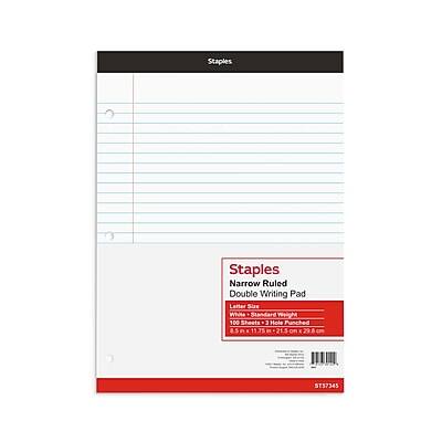 Staples  
Narrow Ruled Double Writing Pad  
Letter Size  
Standard Weight  
100 Sheets  
3 Hole Punched  
8.5 x 11 in (21 cm)  
B ST57345