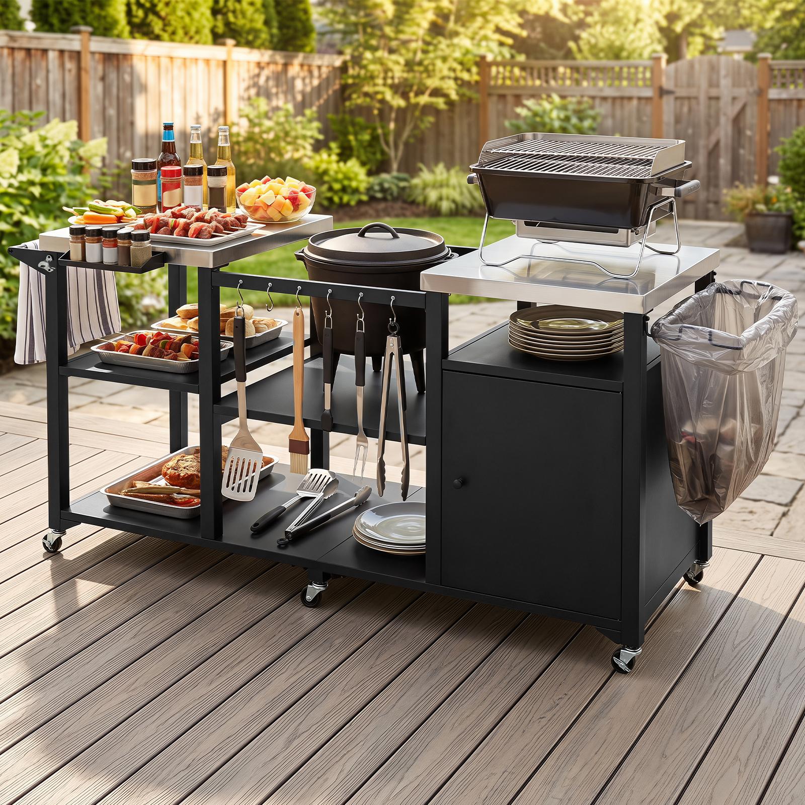 Costway - Outdoor Grill Cart with Cabinet Stainless Steel Tabletop Hooks Towel Rack for BBQ - Black & Sliver