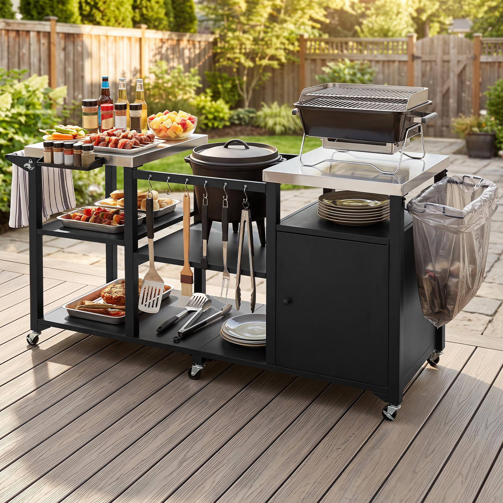 Front. Costway - Costway Outdoor Grill Cart with Cabinet Stainless Steel Tabletop Hooks Towel Rack for BBQ - Black & Sliver.